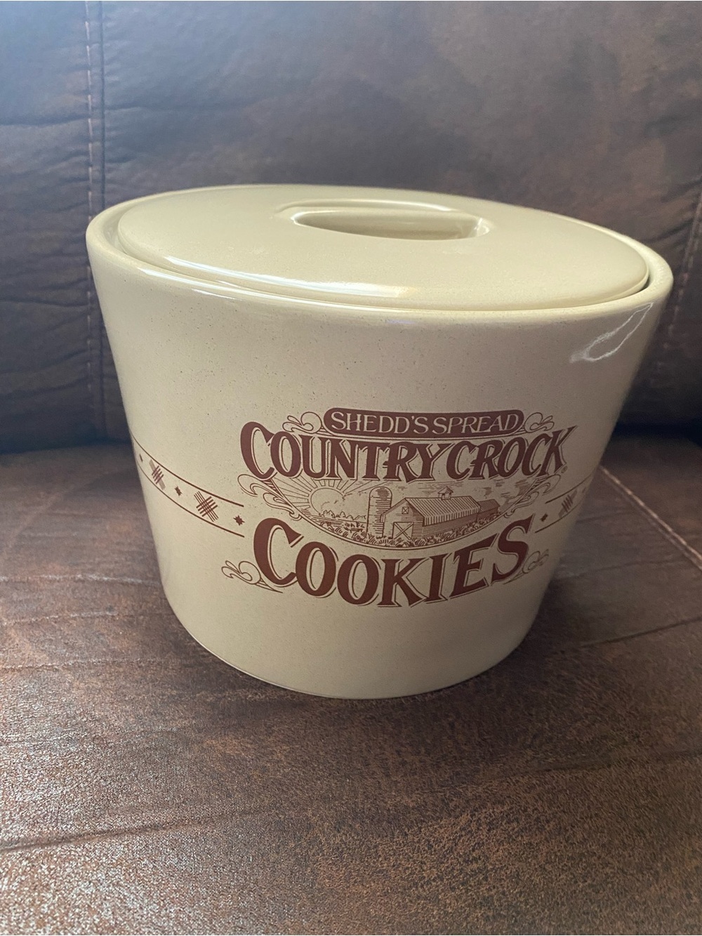 Rare Vintage Country Crock Ceramic Cookie Jar w/ Lid Beige Brown Round 8in